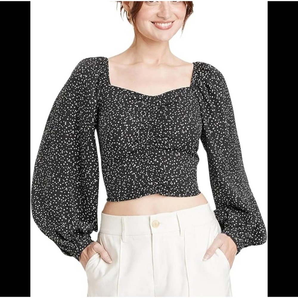 Long Balloon Sleeve Babydoll Crop Top A New Day Size M smocked Back Polka Dot